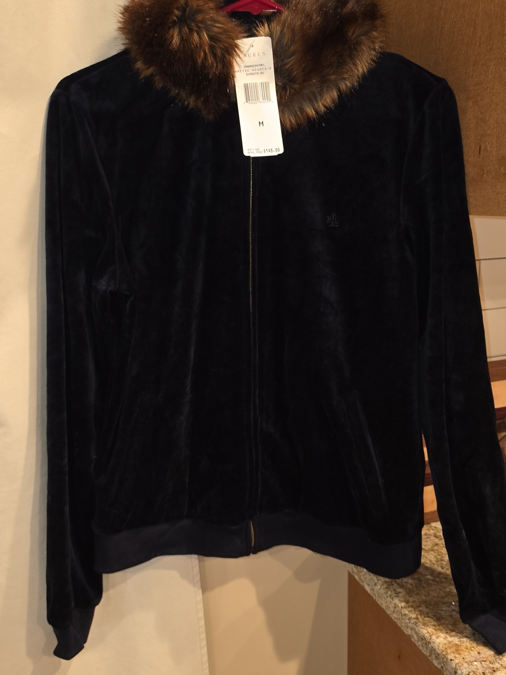 Ralph Lauren Velvet Bomber Jacket with Brown Faux Fur Collar